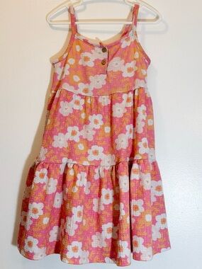 Rococo Girls Retro Floral Crinkle Gauze Tiered Cami Sun Dress 3-4T Pink Orange